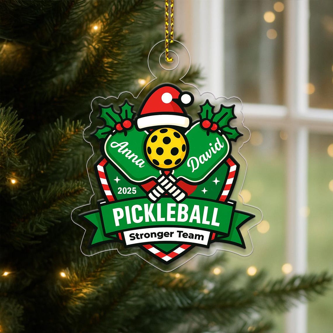 Custom Name Pickleball Couple Christmas Ornament Santa Hat Print