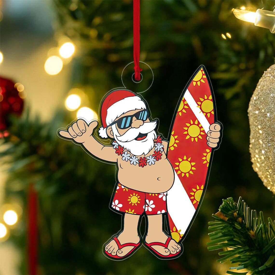 Surfer Santa with Lei Tie Dye Surfboard Tropical Christmas Ornament Print