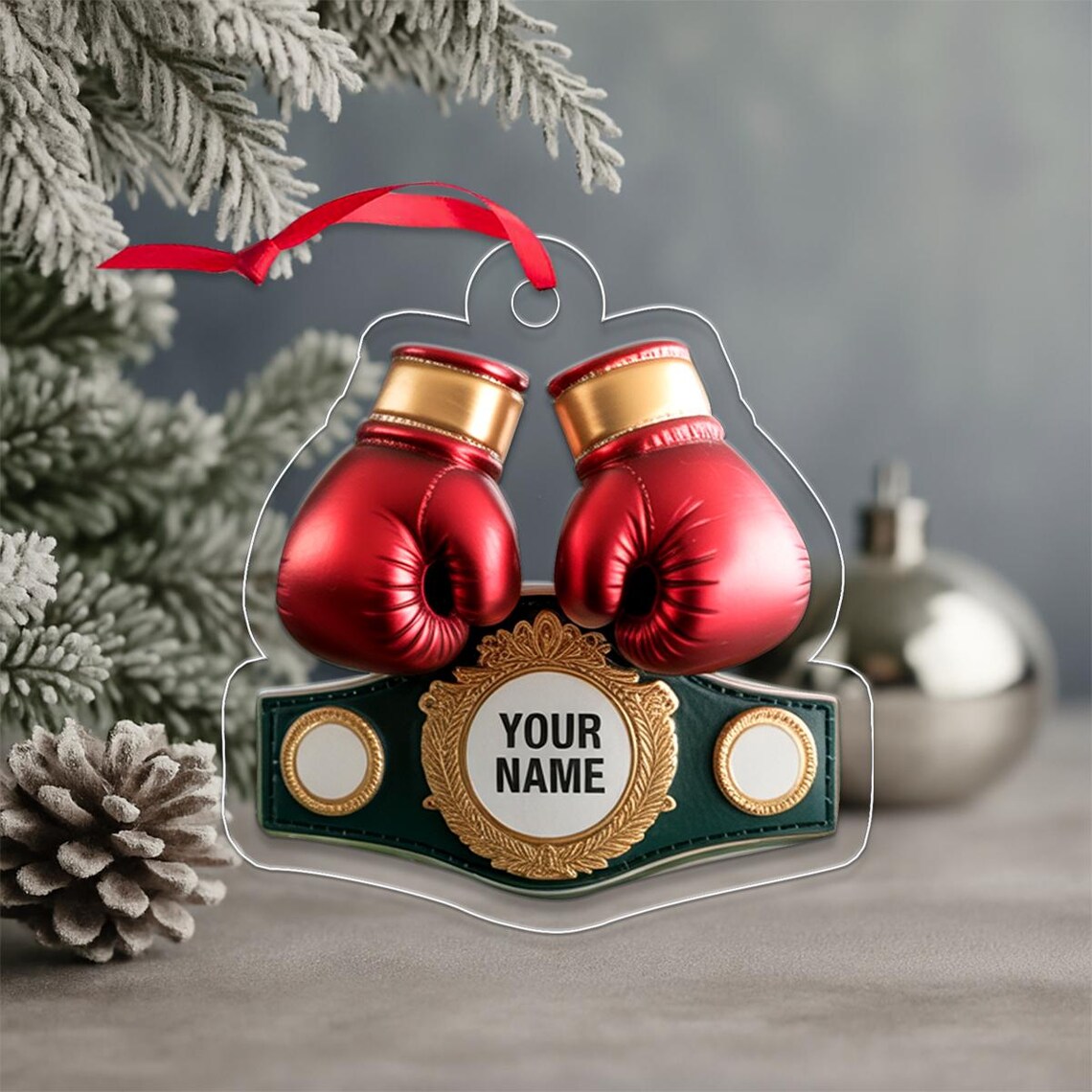 Personalized Boxing Gloves Champion Belt Custom Name Christmas Ornament Print