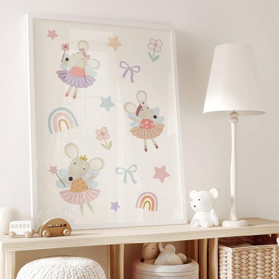 Cute Ballerina Mice Nursery Wall Art Boho Ballet Mouse Dance Print Baby Girl Room Decor Kids Playroom Instant Poster