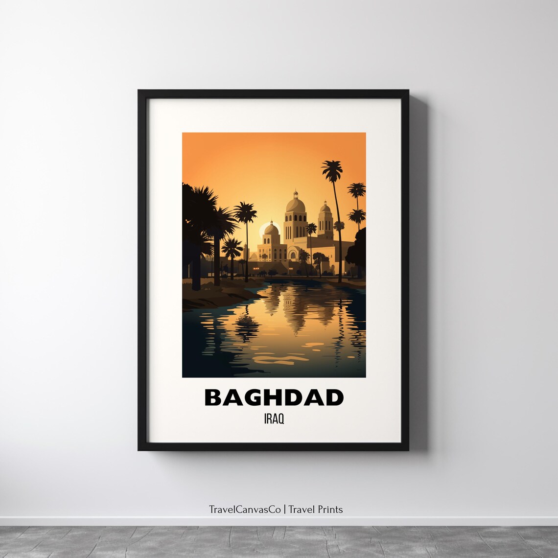 Baghdad Iraq Golden Sunset Mosque Riverside Skyline Travel Poster