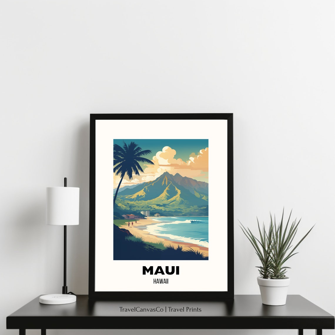 Maui Hawaii Palm Tree Beach Mountain Sunset Vintage Travel Poster - Image 3