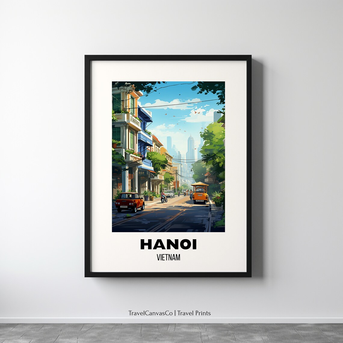 Hanoi Vietnam Old Quarter Street Cyclo Rickshaw Colonial Travel Poster