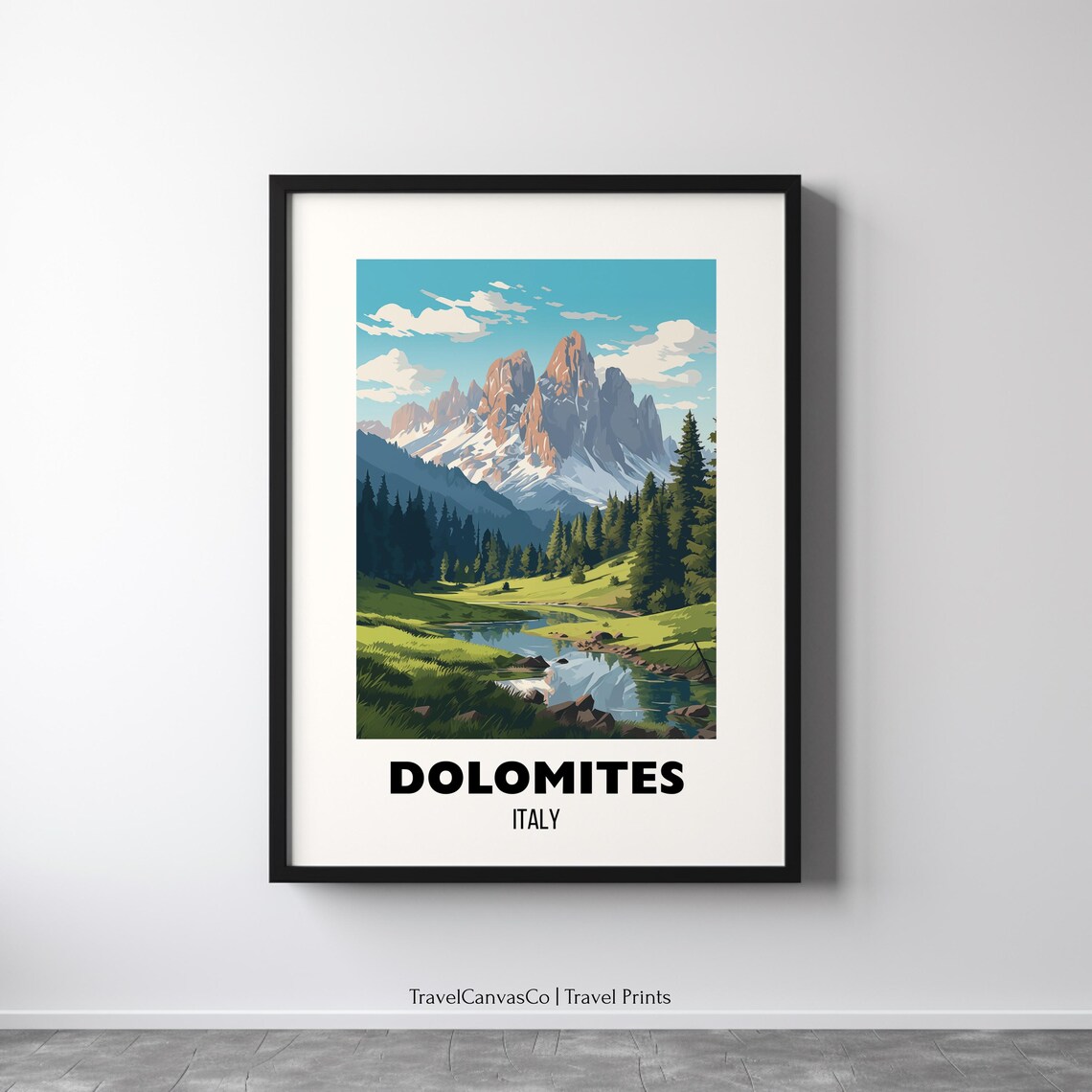 Dolomites Italy Jagged Alpine Peaks Lake Vintage Travel Poster