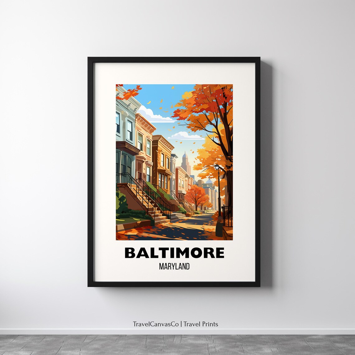 Baltimore Maryland Autumn Street Rowhouses Fall Travel City Poster