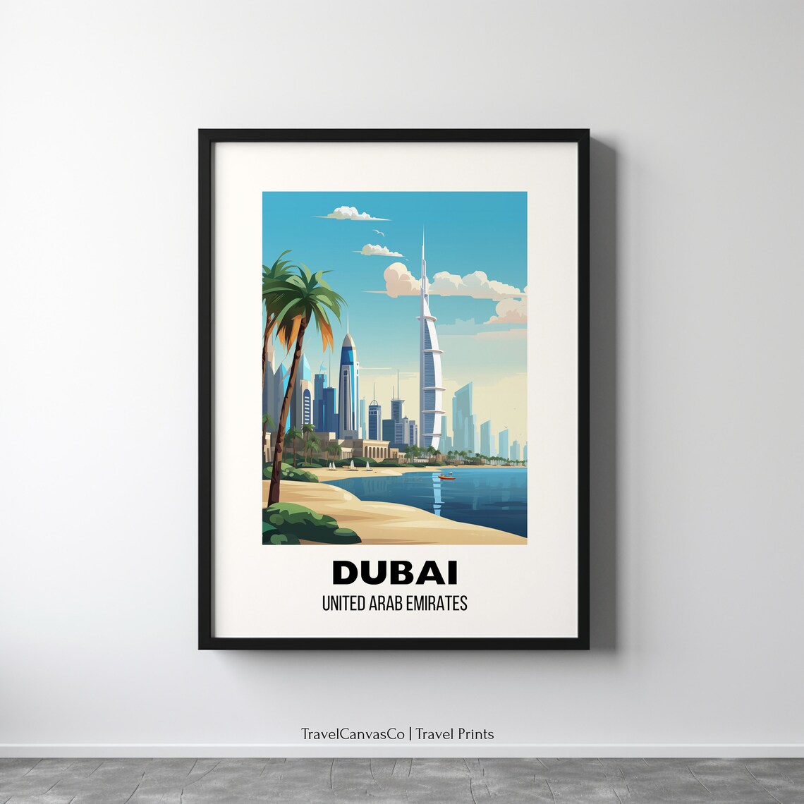 Dubai UAE Beachfront Skyline Futuristic City Scene Travel Poster