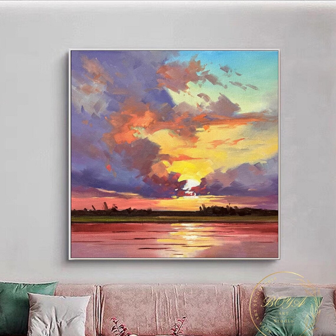 Vivid Purple and Orange Sunset Clouds Over Still Water Poster