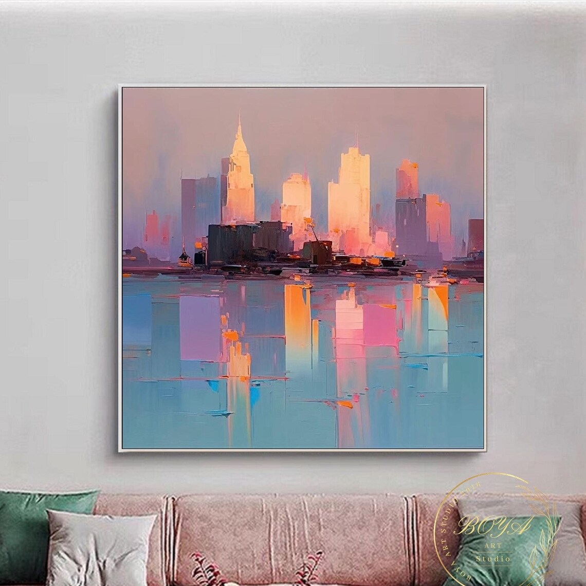 Romantic Pink City Skyline Reflected in Calm Blue Water Poster