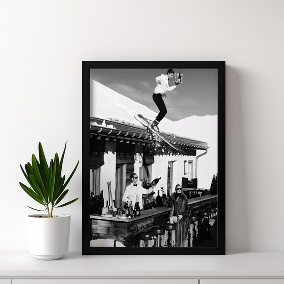 Skiing Waiter Serving Champagne Vintage Alpine Bar Humor Poster