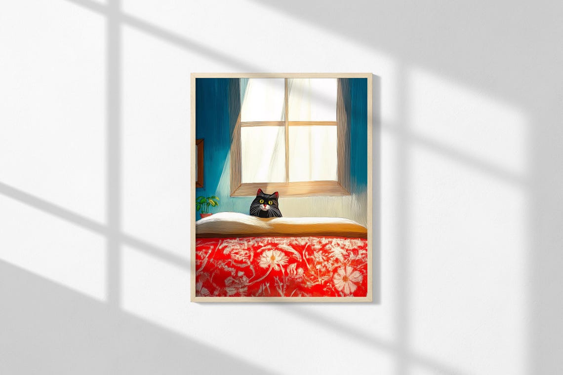 Black Cat Resting On Red Floral Bed Sunlit Window Oil Painting Poster