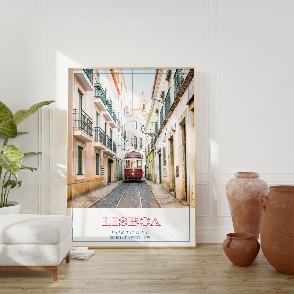 Lisboa Portugal Red Tram Street Photo Travel Coordinates Cityscape Poster