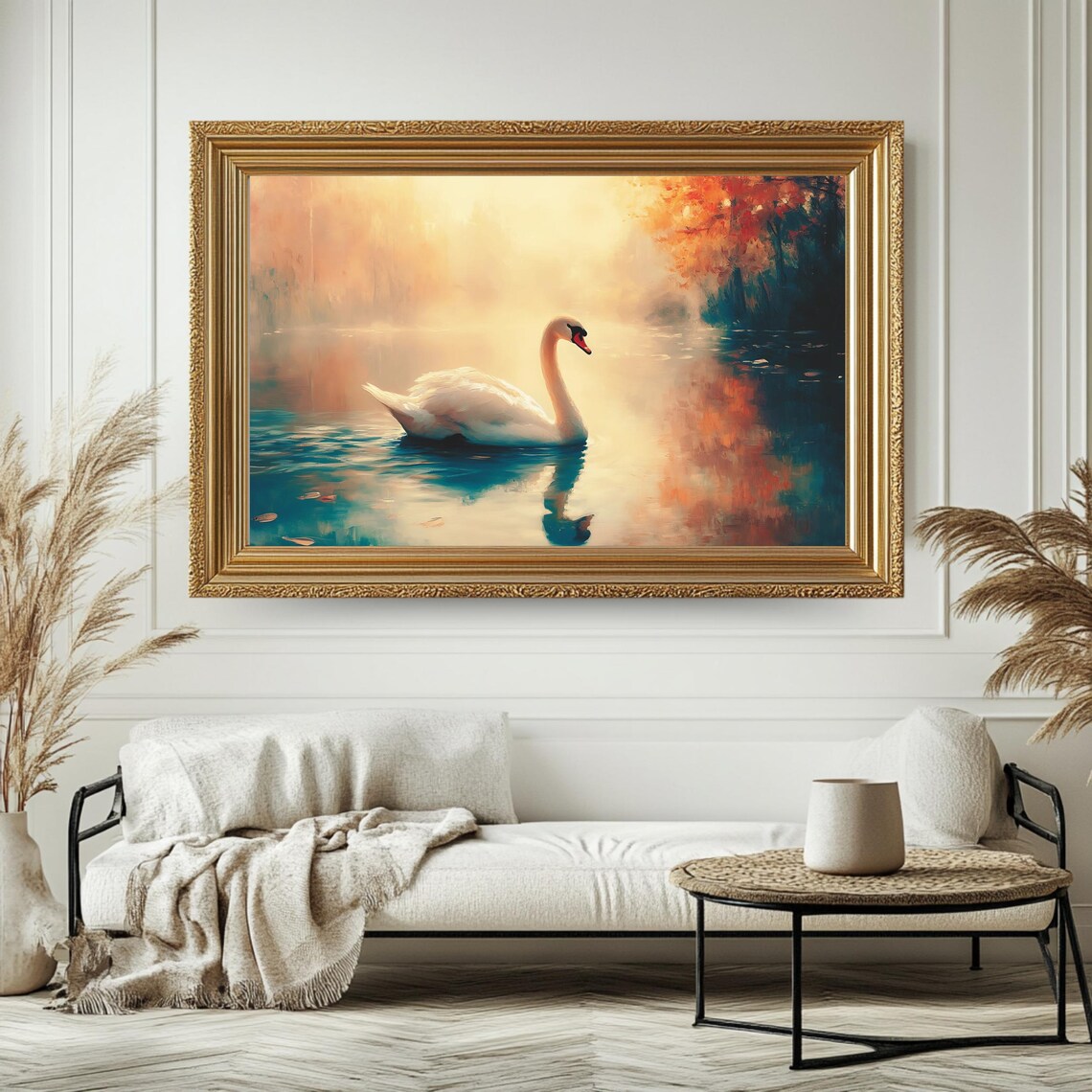 White Swan On Misty Autumn Lake Vintage Wildlife Painting Wall Art - Image 4