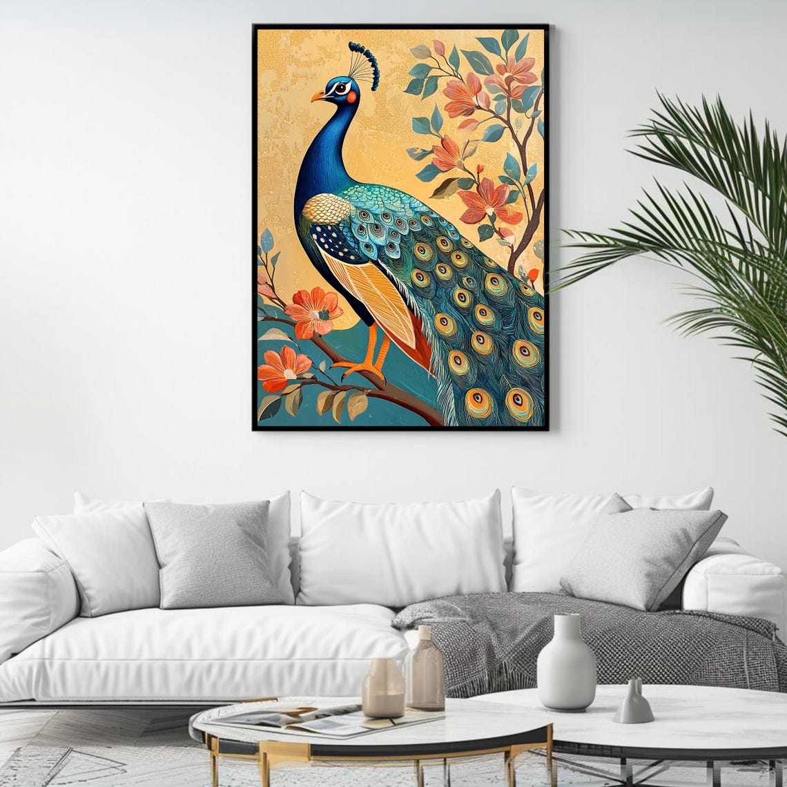Elegant Peacock Golden Teal Branch Chinoiserie Style Bird Art Print - Image 4