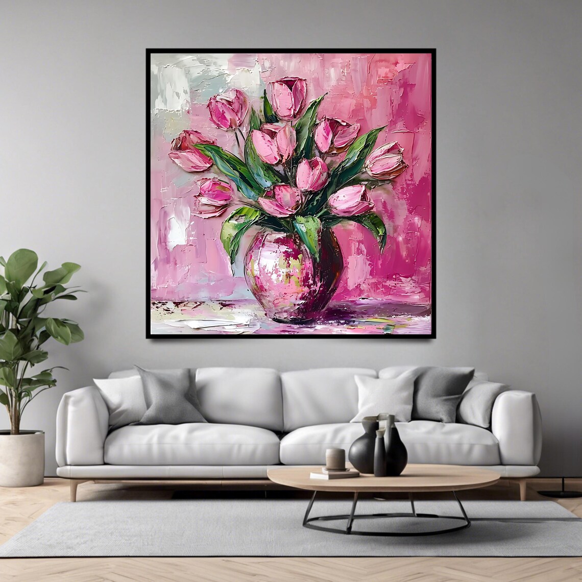 Pink Tulip Vase Floral Square Poster Art Print - Image 4
