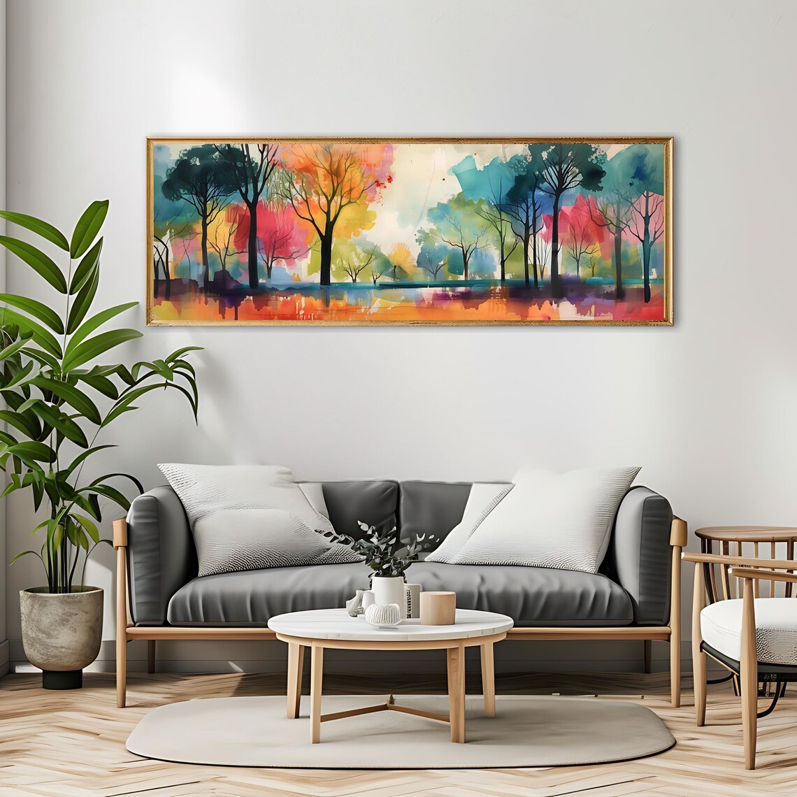 Colorful Trees Wall Art Long Horizontal Narrow Print Elegant Landscape Artwork For Above Couch Or Bed - Image 3