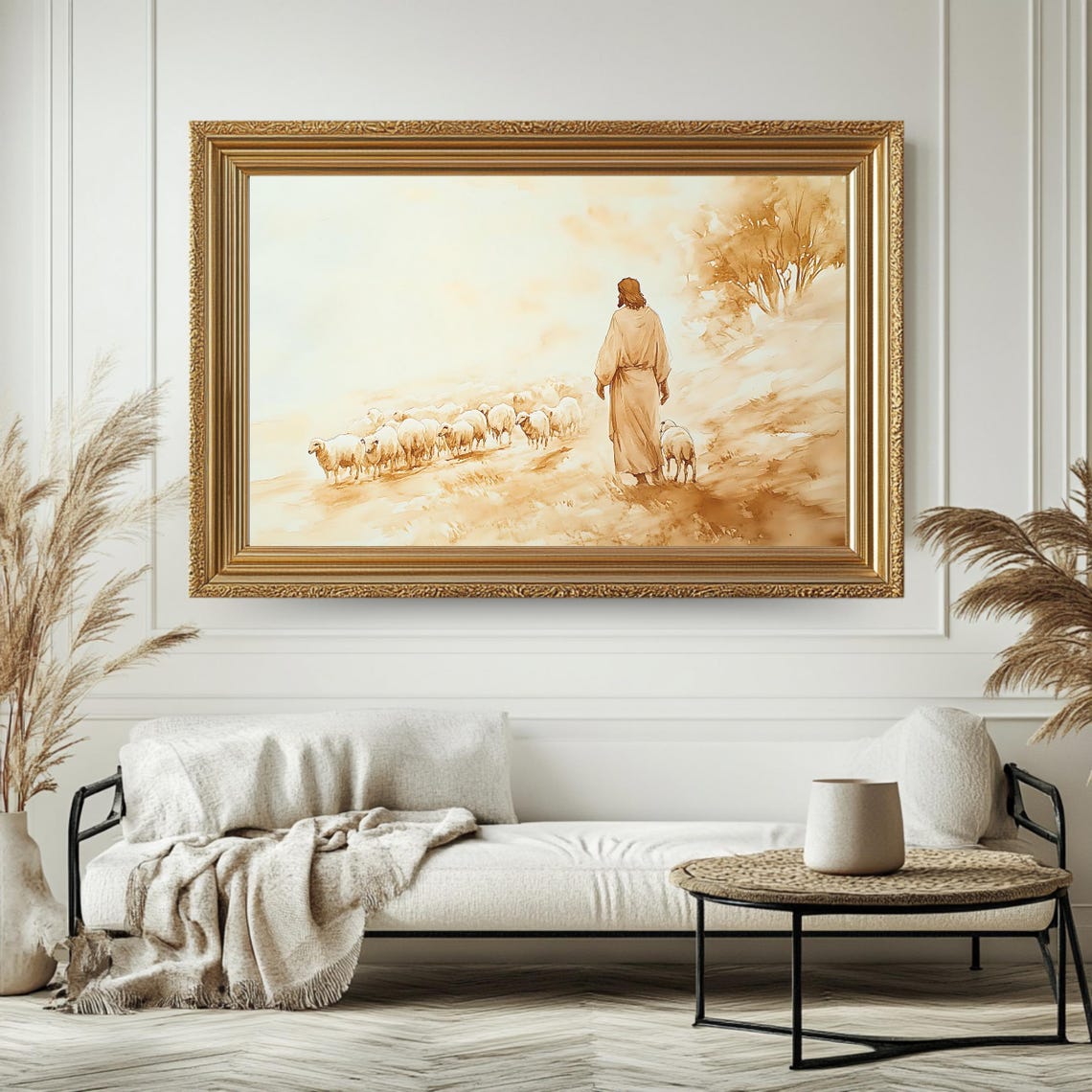 Jesus Good Shepherd Sheep Watercolor Sepia Faith Religious Art Poster - Image 4