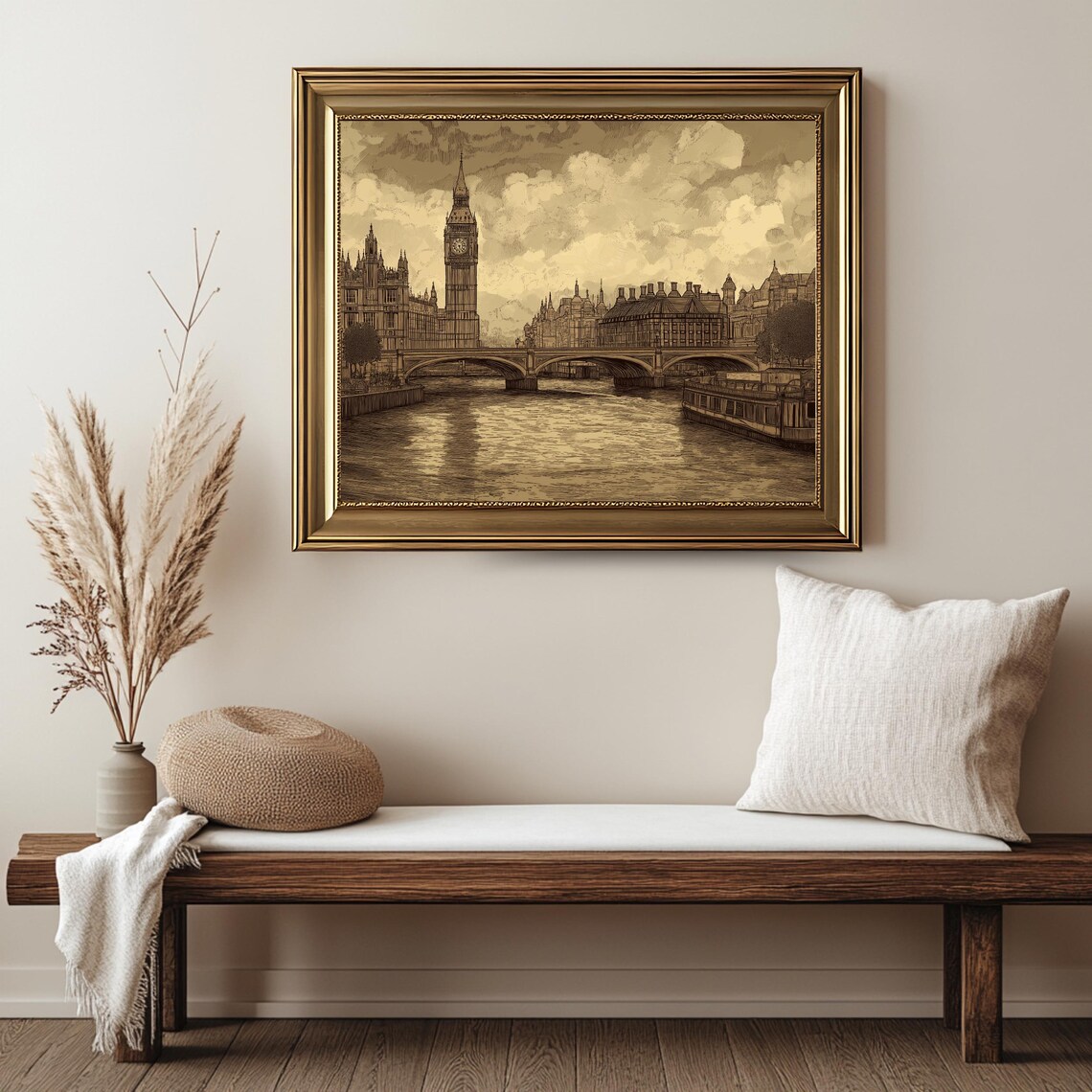 London Big Ben Westminster Bridge Sepia Sketch Thames UK Travel Poster - Image 2