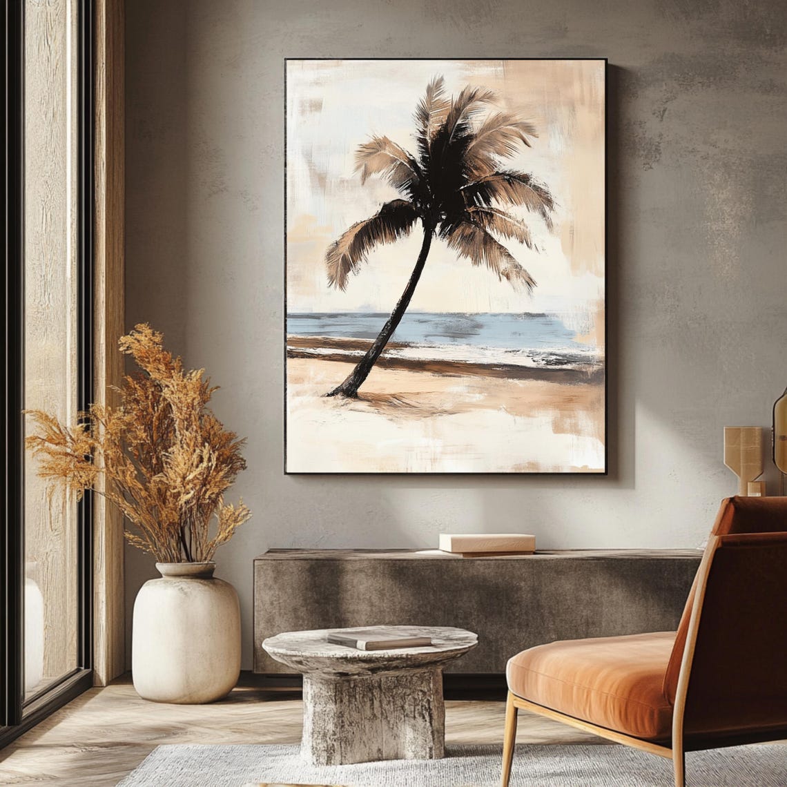 Leaning Palm Tree Neutral Beach Waves Coastal Minimalist Art Poster - Image 3