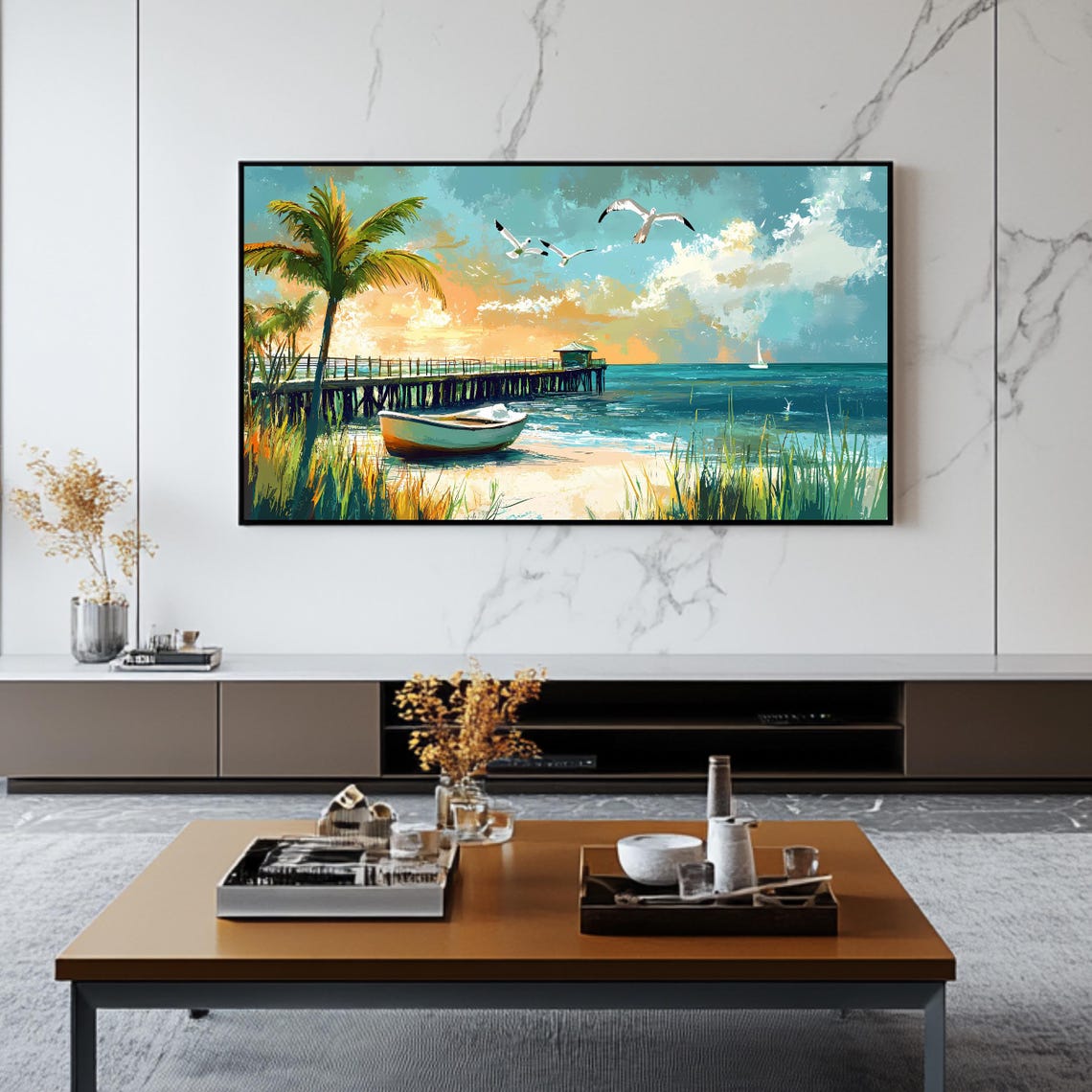 Tropical Beach Pier Sunset Rowboat Seagulls Palm Trees Coastal Poster - Image 2