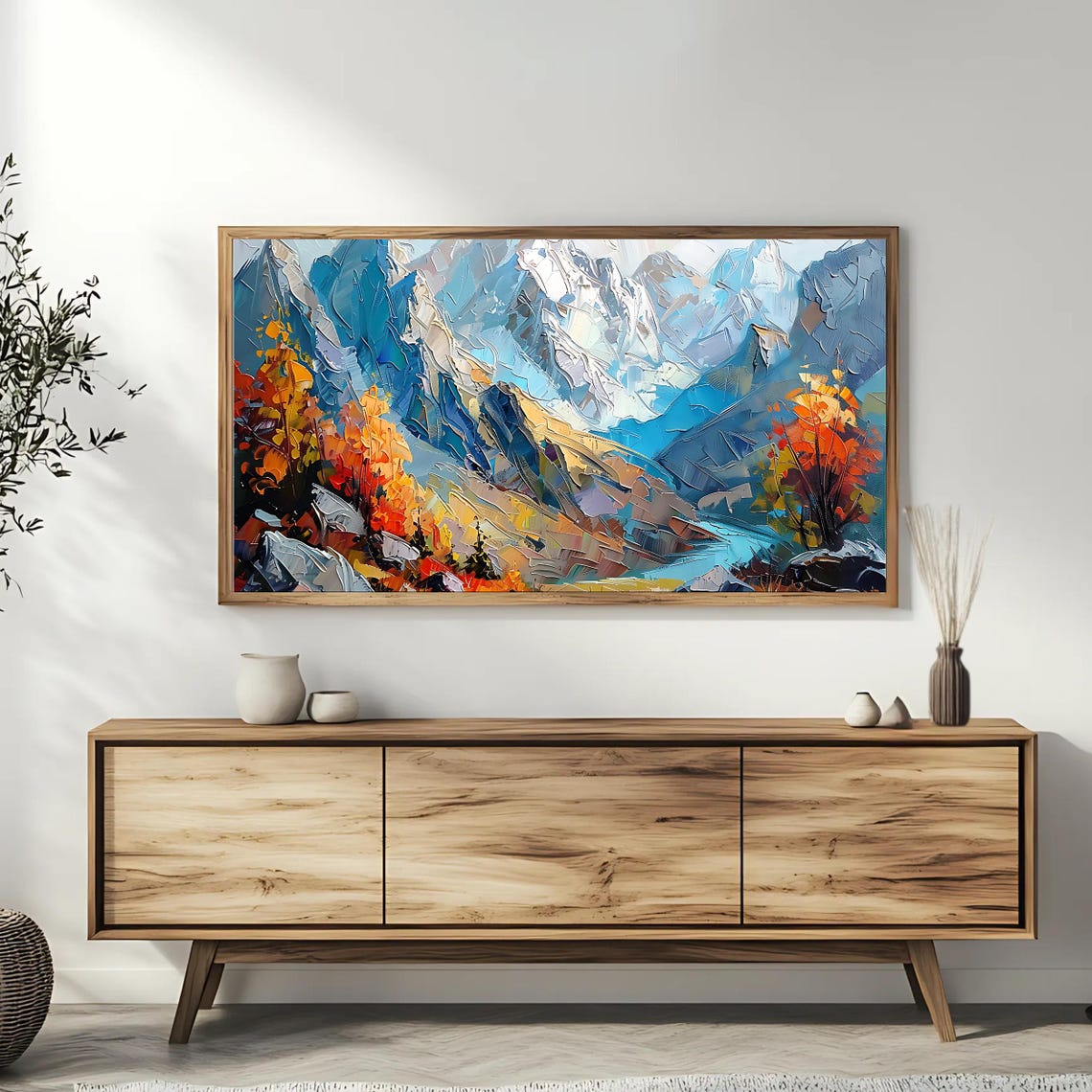 Snow Capped Mountain Vista with Autumn Forest Impasto Nature Poster - Image 3