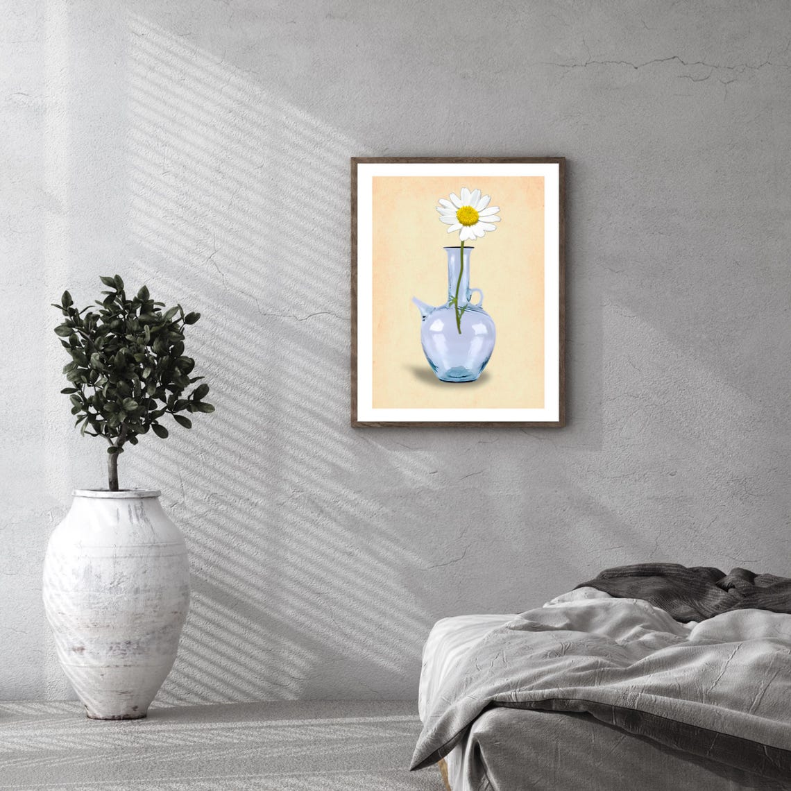 Blue Glass Water Jug Single Daisy Minimal Beige Floral Wall Art Poster - Image 2