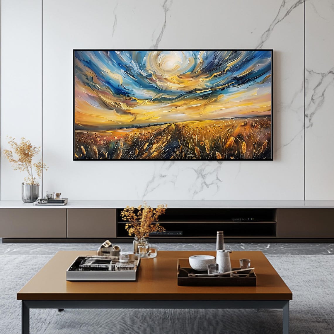Golden Wheat Field Under a Dramatic Sunset Sky Impasto Art Poster - Image 2