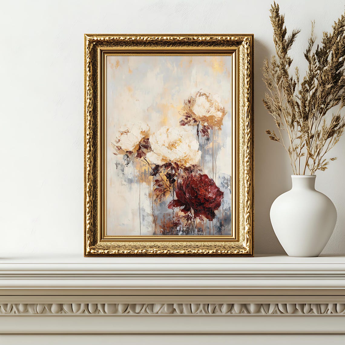 Vintage Peony Blossoms Cream Burgundy Abstract Floral Painting Poster - Image 2