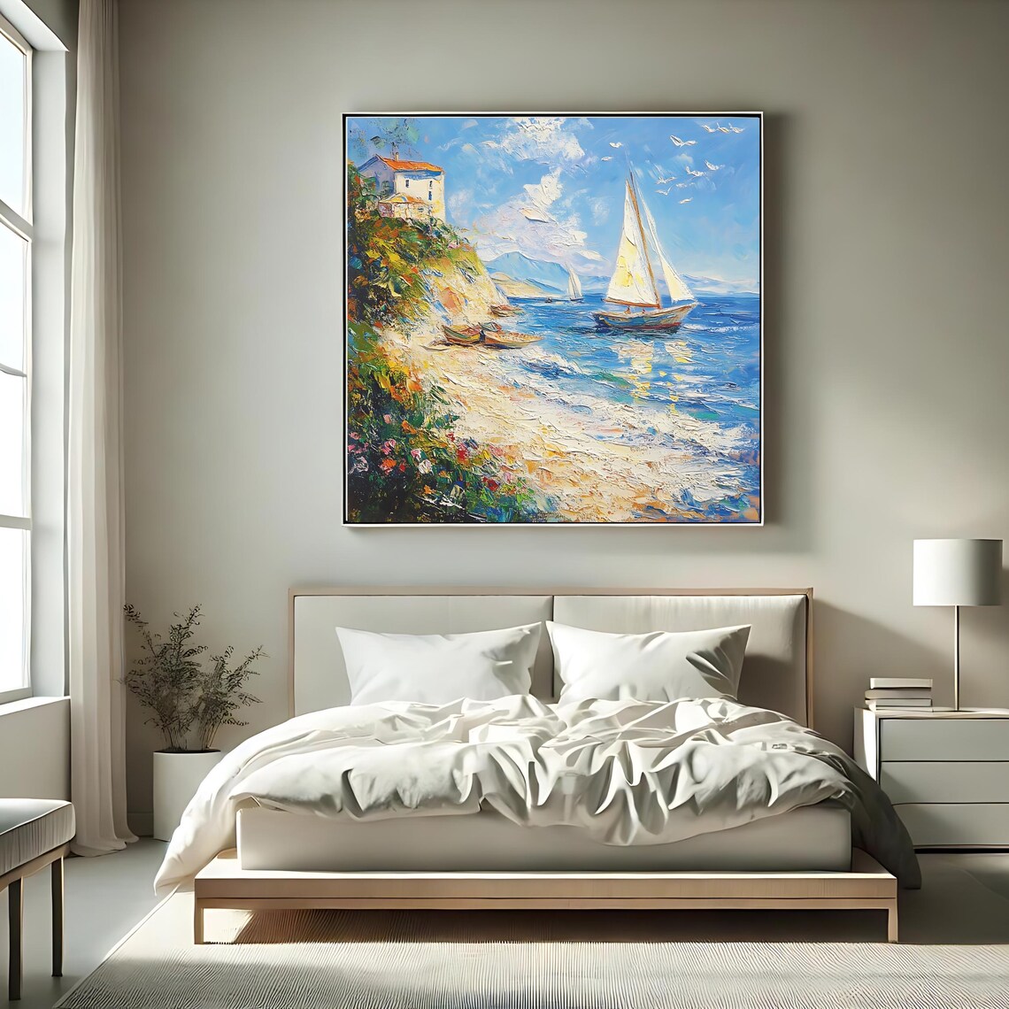 Seaside Sailboat Square Art Print Coastal Landscape Wall Art Nautical Decor - Image 2