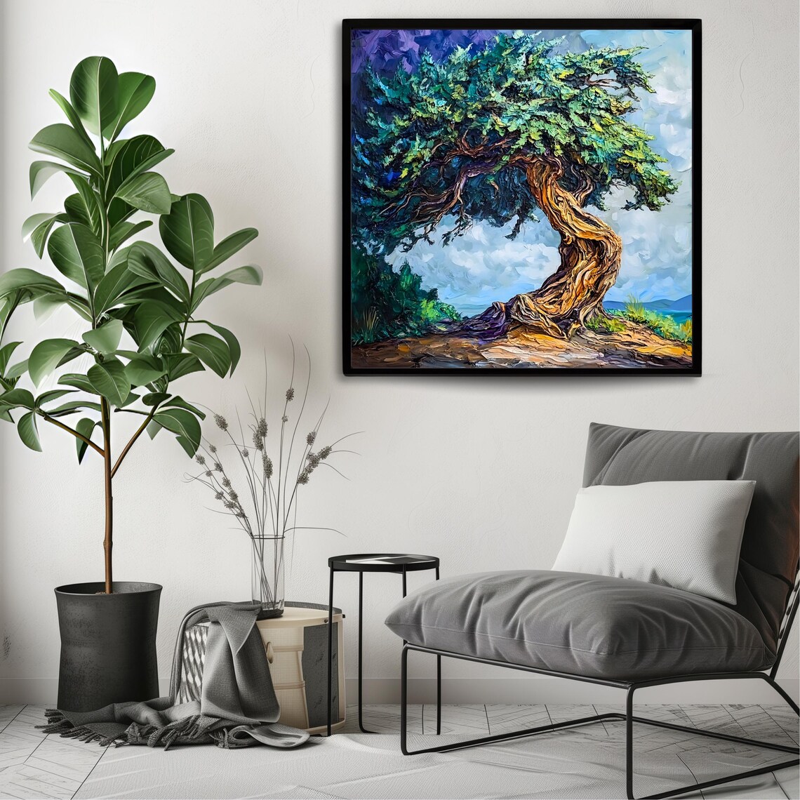 Ancient Olive Tree Art Print Rustic Mediterranean Wall Decor Square Nature Landscape Painting - Image 3