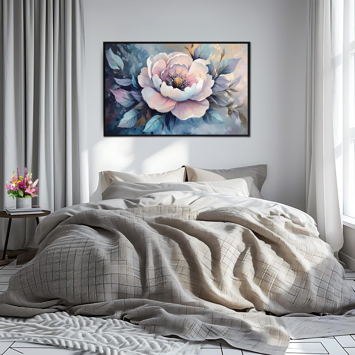 White Peony Flower Soft Pink Petals Blue Leaves Botanical Poster - Image 2