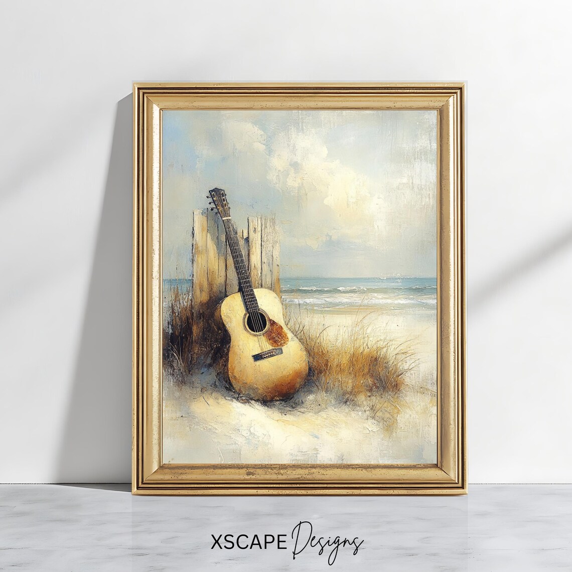 Vintage Beach Guitar Coastal Acoustic Art Print