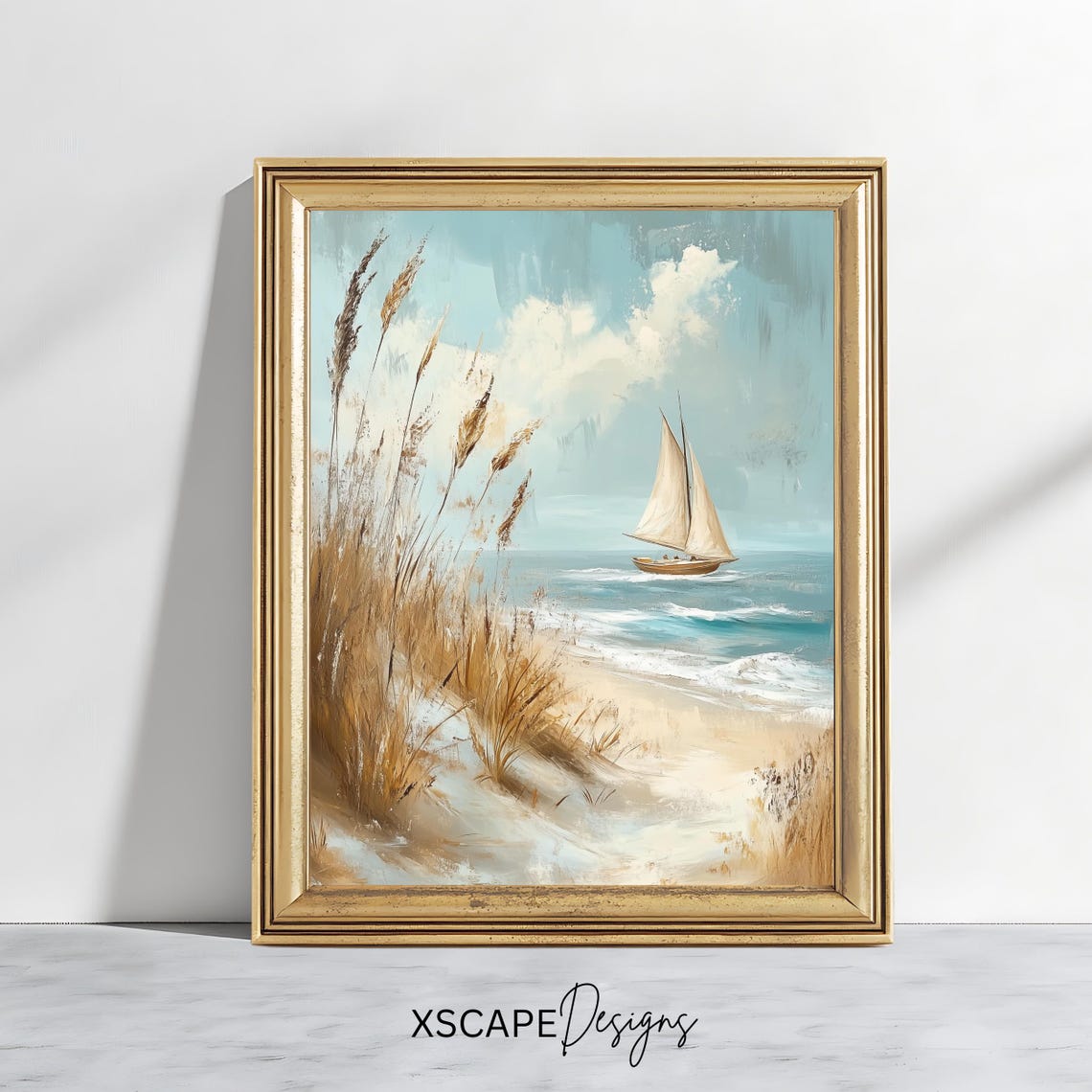 Sailboat on Blue Water with Dune Grasses Beach Nautical Art Poster