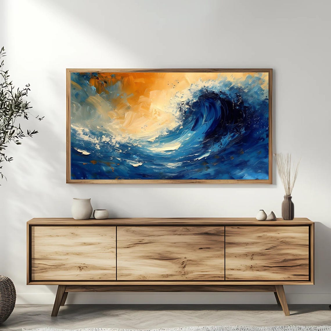 Ocean Wave Abstract Deep Blue Surf Golden Sky Coastal Poster - Image 3