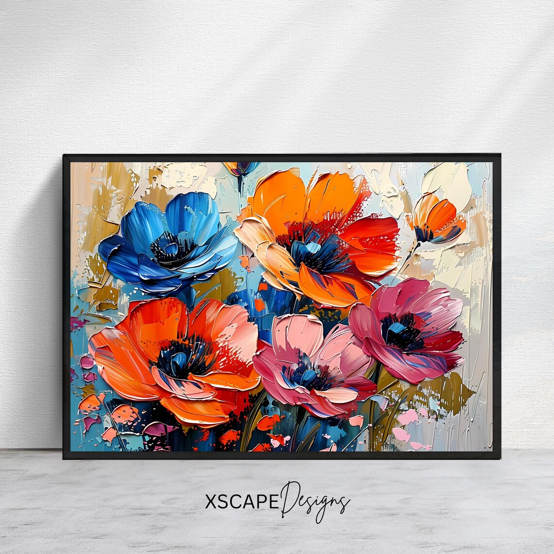 Bold Blue Orange Poppies Impasto Floral Oil Painting Wall Art Poster