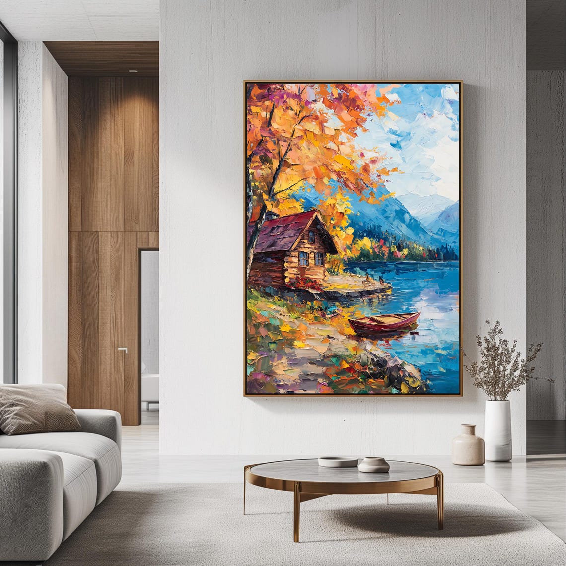 Rustic Log Cabin Autumn Lake Red Canoe Mountain Landscape Art Poster - Image 3