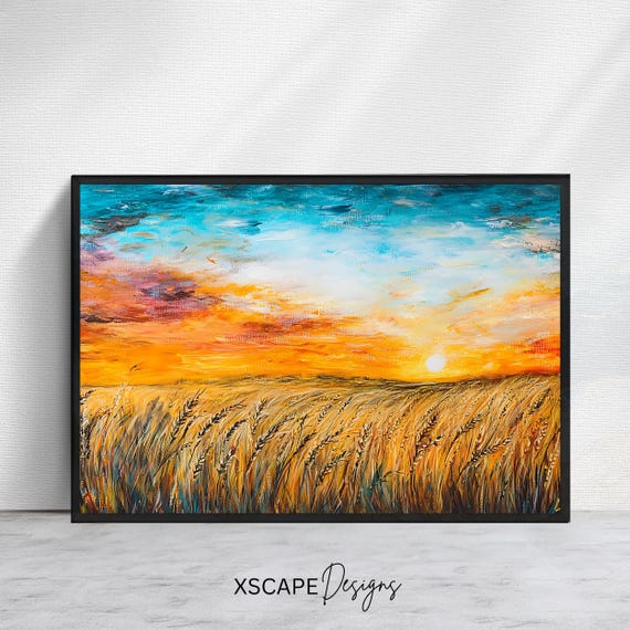 Sunset Wheat Field Print Rustic Landscape Art Nature Wall Decor Golden Field Artwork Farmhouse