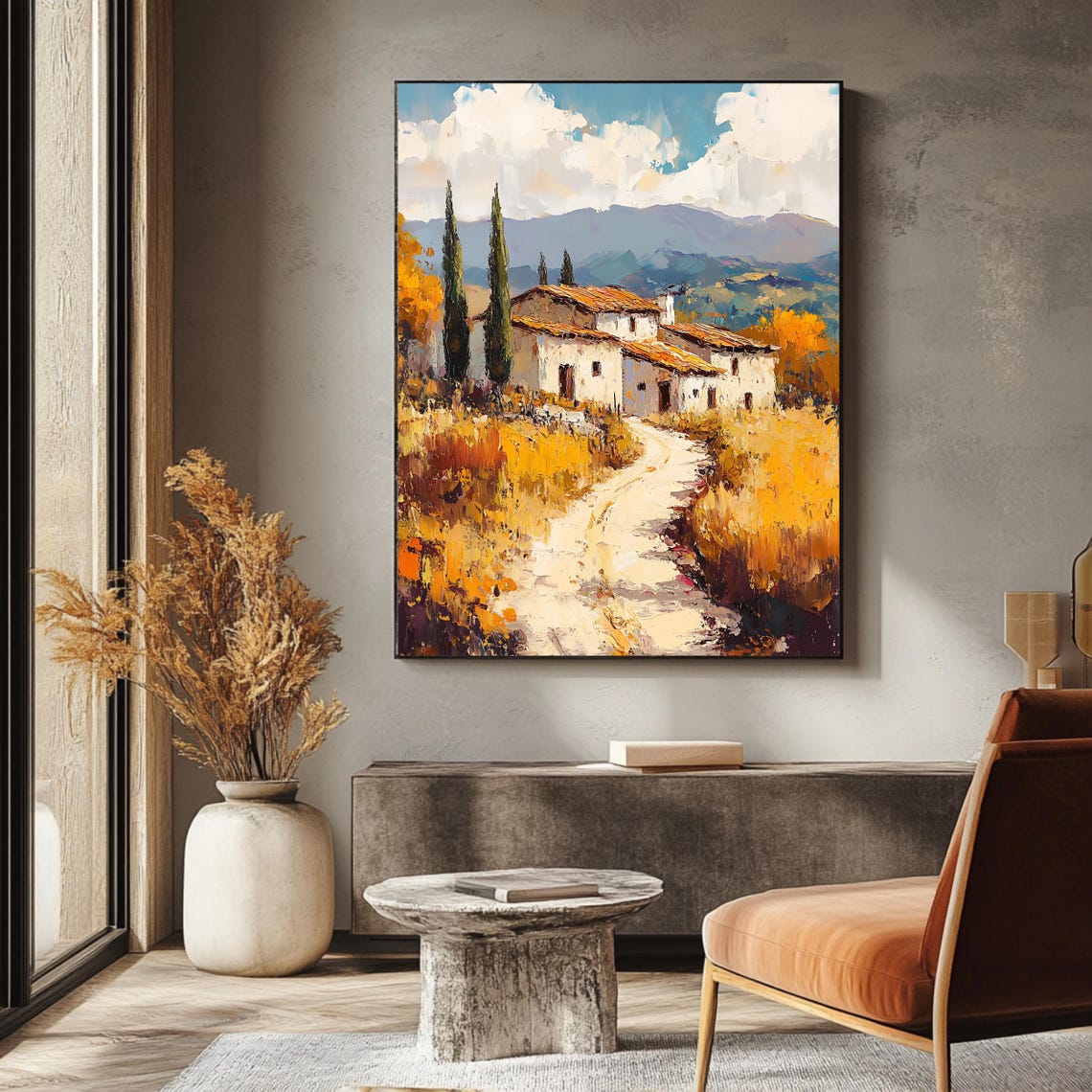 Tuscan Villa Golden Wheat Fields Cypress Trees Mountain View Poster - Image 3