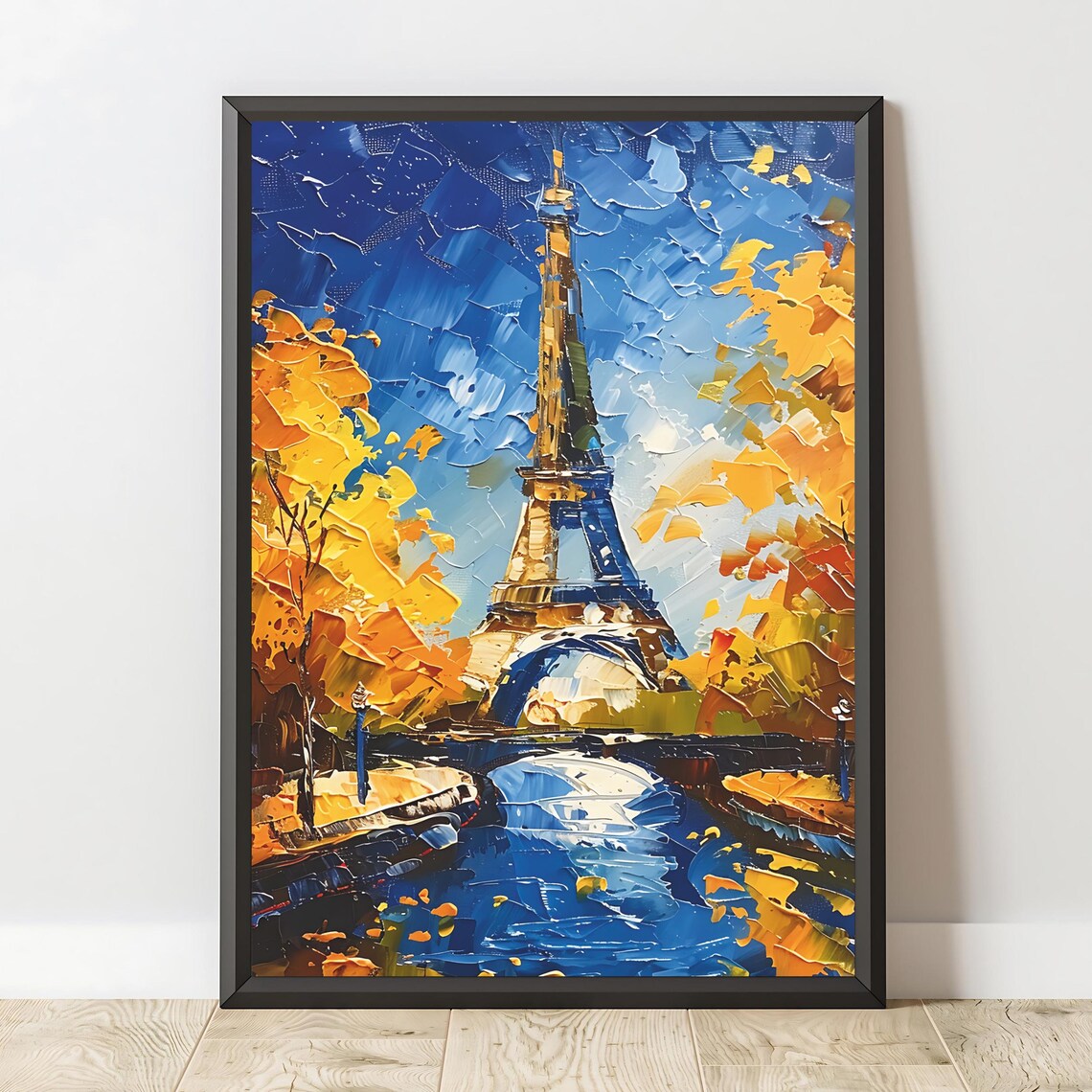 Paris Eiffel Tower Autumn Gold Foliage Night Sky Impasto Art Poster - Image 2