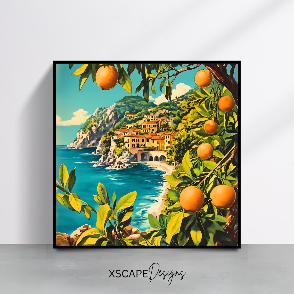 Mediterranean Coastal Art Print, Orange Tree Seaside Artwork