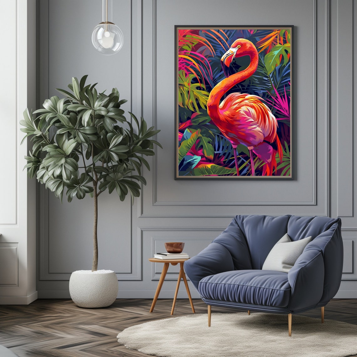 Pink Flamingo Neon Tropical Jungle Foliage Vibrant Wildlife Art Poster - Image 3