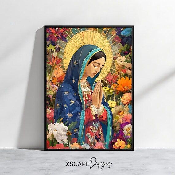 Our Lady of Guadalupe Praying Colorful Floral Catholic Art Poster