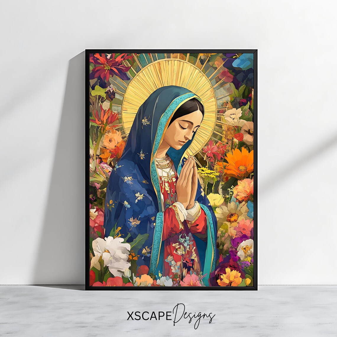 Our Lady of Guadalupe Praying Colorful Floral Catholic Art Poster