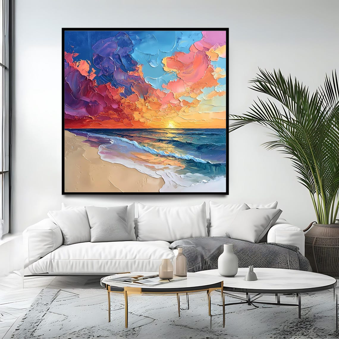 Beach Sunset Dramatic Pink Clouds Ocean Waves Impasto Wall Art Poster - Image 4