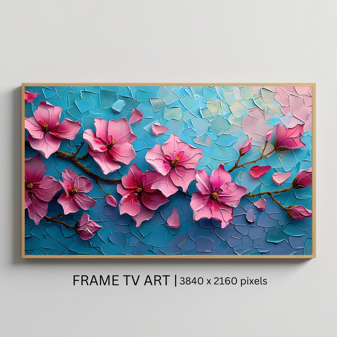 Pink Cherry Blossom Branch Turquoise Impasto Floral Painting Wall Art