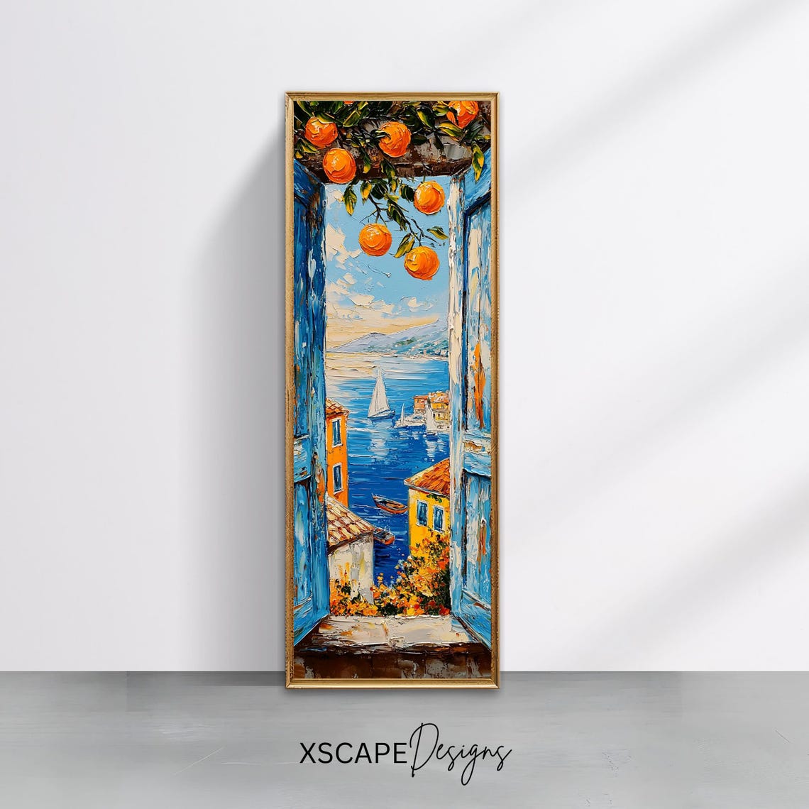 Mediterranean Window Orange Branch Coastal Village Sailboat Poster