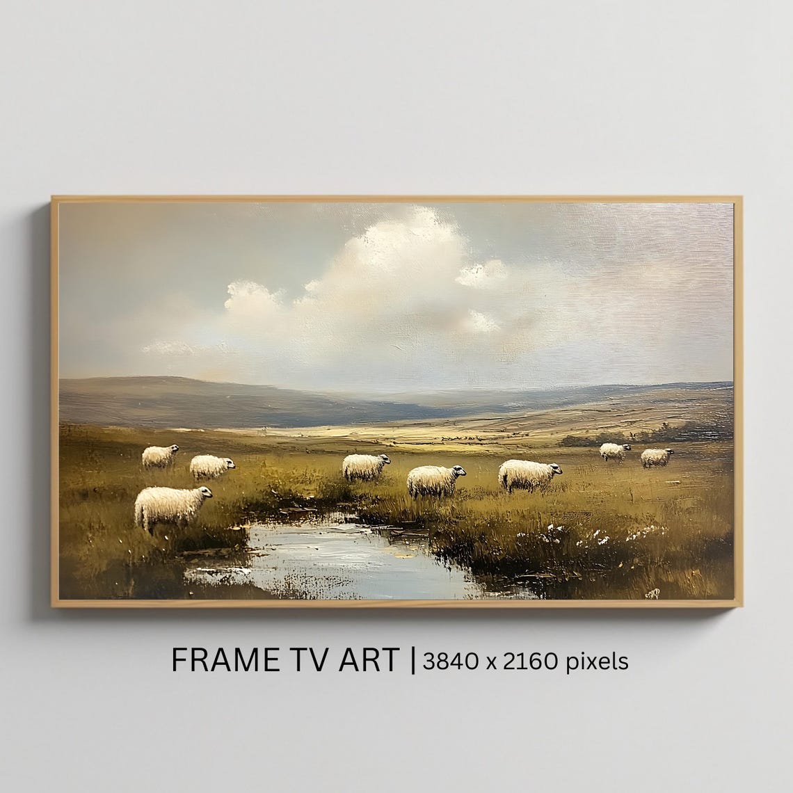 Pastoral Sheep Grazing Stream Muted Countryside Frame TV Poster