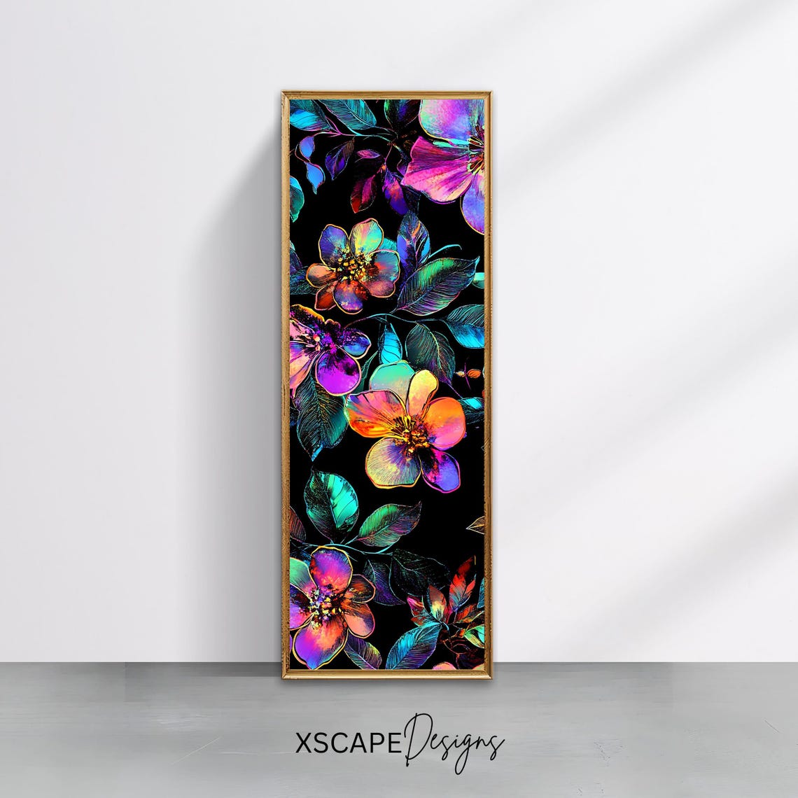 Dark Floral Neon Flowers Black Background Modern Botanical Poster