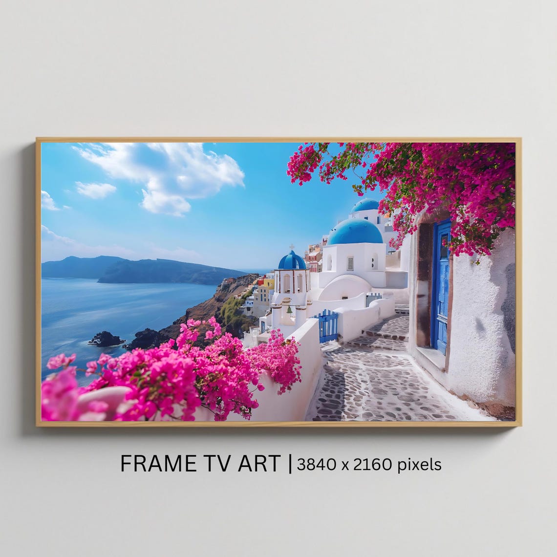 Santorini Greece Oia Blue Domes Bougainvillea Caldera View Poster