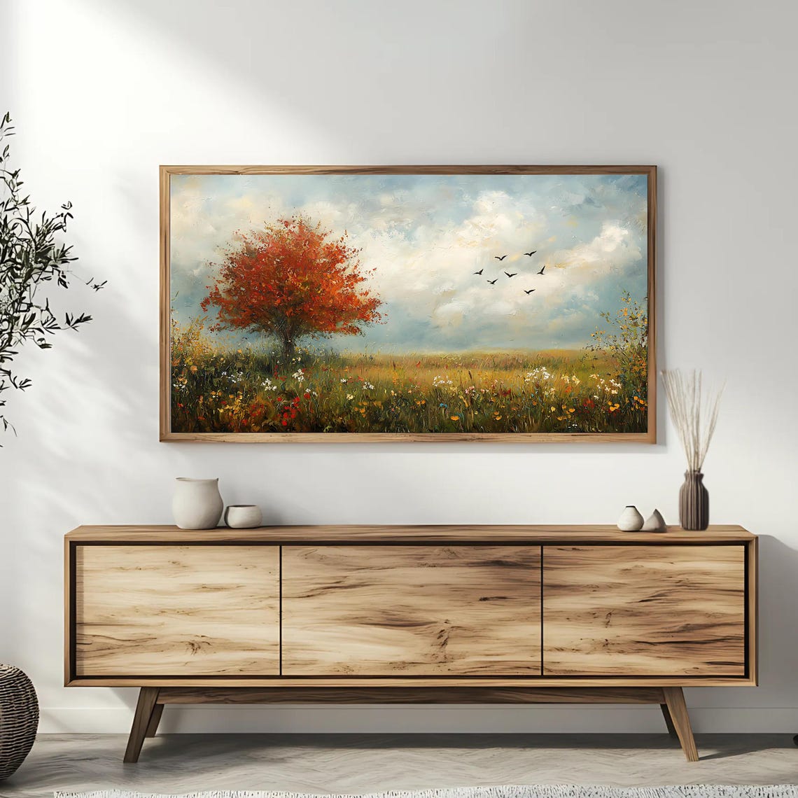 Red Autumn Tree Wildflower Meadow Birds Flying Fall Frame TV Poster - Image 3