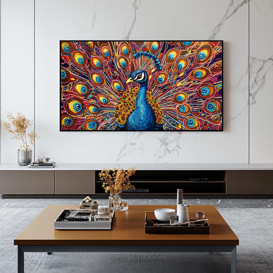 Vibrant Peacock Feather Tail Mosaic Dot Art Colorful Bird Wall Poster - Image 2